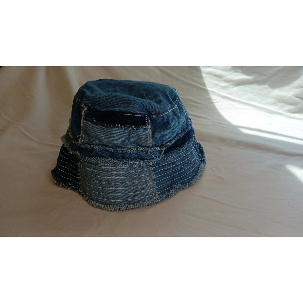 Y2K Denim Patchwork Bucket Hat Blue Frayed Cotton Streetwear Size L XL